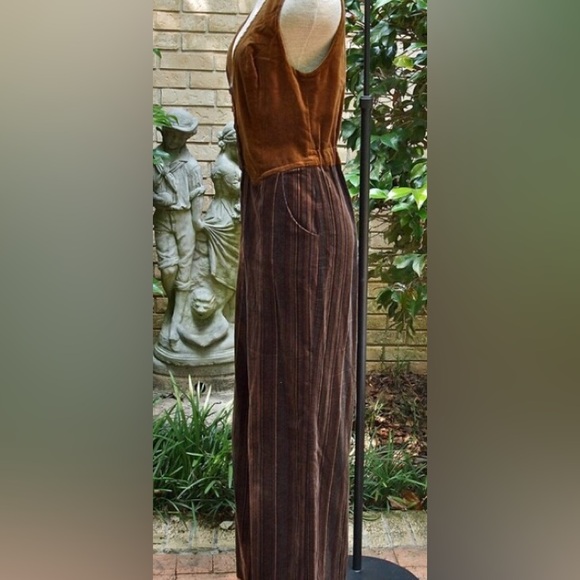 Vintage Jumpsuit The Strawberry Plant /Brown Vest Gray Stripe Trouser 70's - Picture 4 of 8